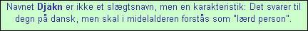 Tekstboks: Navnet Djkn er ikke et slgtsnavn, men en karakteristik: Det svarer til degn p dansk, men skal i midelalderen forsts som "lrd person".