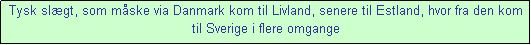 Tekstboks: Tysk slgt, som mske via Danmark kom til Livland, senere til Estland, hvor fra den kom til Sverige i flere omgange