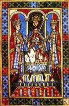 Das Bild zeigt Friedrich I. mit seinen Shnen Friedrich VI. (rechts) und Heinrich VI. (links)